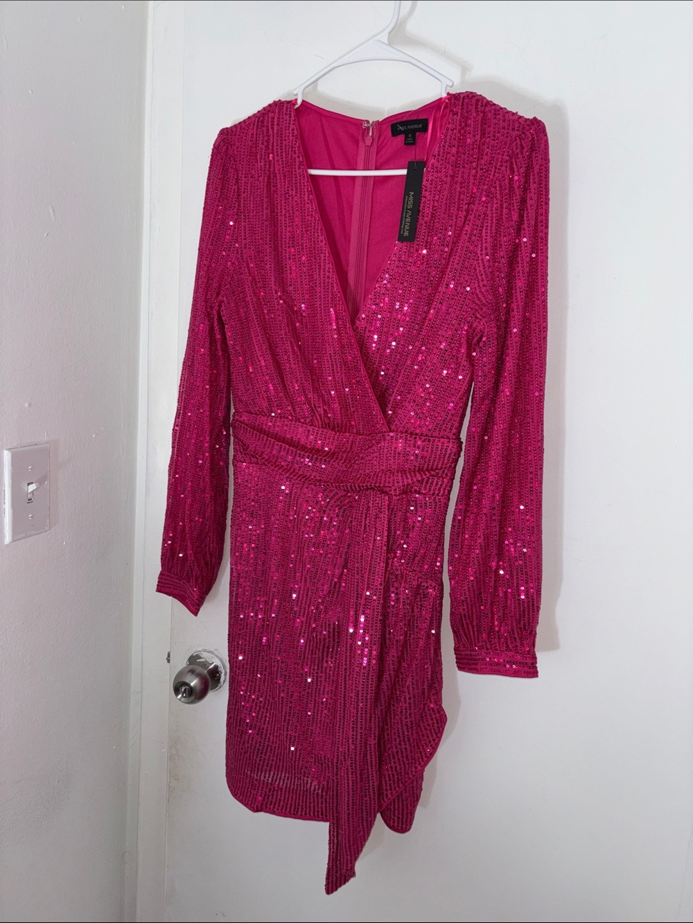 Miss Avenue Hot Pink Sequin Wrap Long Sleeve Dress
